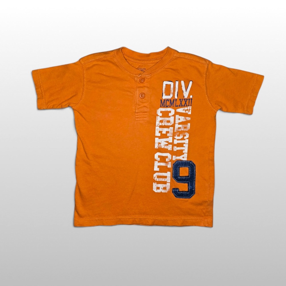 Boys Faded Glory Henley Shirt Varsity Crew Club Graphic Orange XS 4-5 Retro Tee